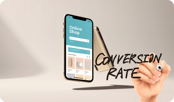 E-commerce website on a mobile phone with "conversion rate" handwritten across the screen.